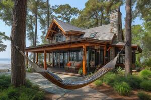 AI generated A rustic seaside house nestled within a grove of towering pine trees photo