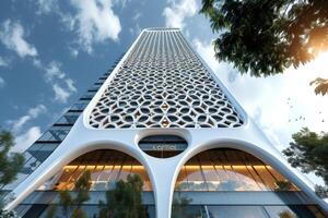 AI generated A modern office tower in the heart of the city photo