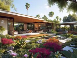 AI generated A modern house nestled within a lush garden oasis photo
