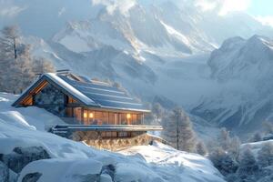 AI generated An eco ski chalet nestled in the mountains photo
