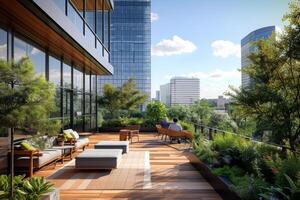 ai generado un luz escena dónde empleados disfrutar un momento de respiro en un techo terraza de un moderno oficina torre foto