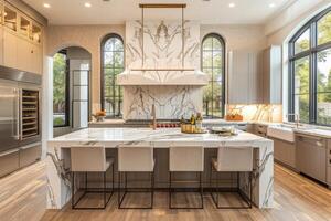 AI generated A grand portrayal of a luxury kitchen, featuring expansive marble countertops photo