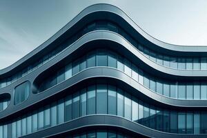 AI generated A minimalist office building facade with sculptural forms, dynamic volumes, and rhythmic patterns photo