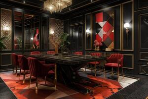 AI generated Art Deco dining room featuring a sleek dining table with geometric inlays photo