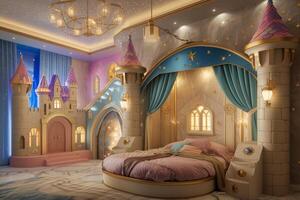 AI generated A fantasy-themed kids' bedroom with walls adorned photo