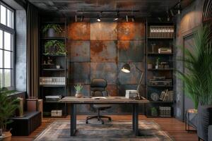 AI generated An industrial-style home office, featuring a reclaimed wood desk photo