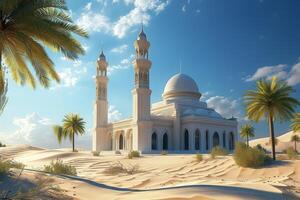 A desert landscape with a large white mosque building in the background photo