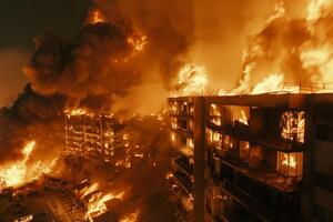 ai generado edificio atrapado en llamas foto