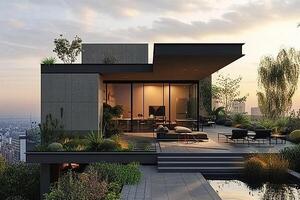 AI generated A modern minimalist house perched on a rooftop overlooking the city skyline photo