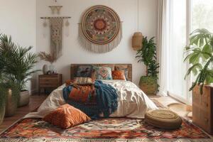 AI generated A bohemian bedroom design, characterized by eclectic patterns photo