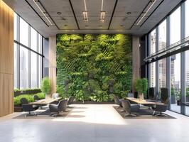 AI generated An office space infused with biophilic elements, such as living walls photo