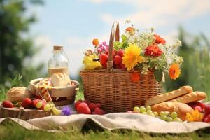 AI generated Spring picnic scene mockup with a woven basket, sandwiches, and fresh fruits. Generative AI photo