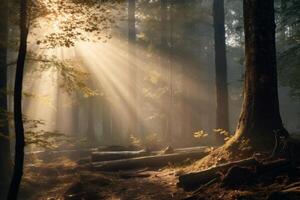 AI generated Rays of sunlight streaming through a misty forest. Generative AI photo