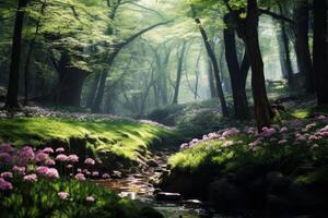 AI generated Serene stream flowing through a vibrant green forest. Generative AI photo