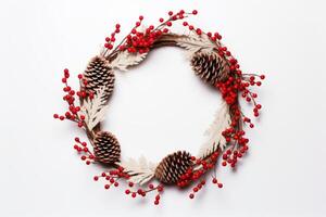 ai generado Navidad fiesta guirnalda con rojo bayas y piñas creativamente arreglado en un blanco antecedentes. generativo ai foto