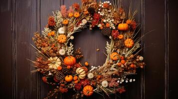 AI generated Autumn wreath made of dried flowers, berries, and miniature pumpkins. Generative AI photo