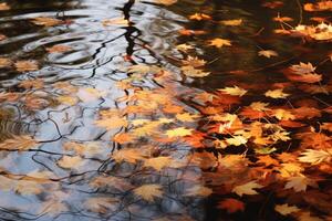 ai generado un tranquilo reflexión de otoño hojas en el superficie de un calma estanque. generativo ai foto