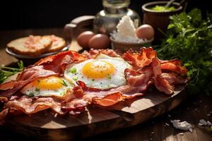 AI generated Delicious bacon and eggs breakfast on a rustic wooden table. Generative AI photo