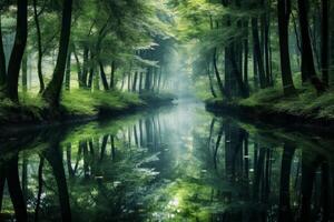 AI generated A tranquil reflection of a serene forest mirrored in the still waters of a pond. Generative AI photo