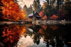 AI generated A captivating shot of a solitary cabin surrounded by the fiery colors of autumn, evoking a sense of coziness and solitude. Generative AI photo