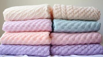 AI generated Crocheted baby blankets in soft pastel colors. Generative AI photo