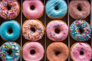 AI generated A colorful array of freshly baked donuts. Generative AI photo