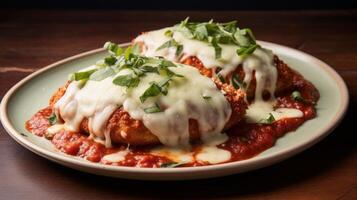 AI generated Greasy and satisfying chicken parmesan. Generative AI photo