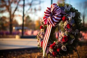 AI generated A Patriot Day memorial adorned with wreaths, ribbons, and an American flag in the foreground. Generative AI photo