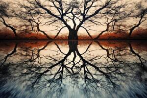 AI generated A mirrored reflection of a tree in a puddle creates an abstract pattern. Generative AI photo