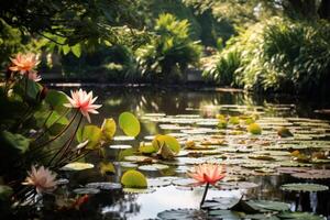 ai generado sereno estanque con agua lirios y reflexiones en un pacífico jardín. generativo ai foto