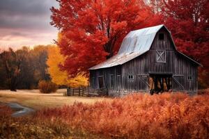 ai generado rústico granero rodeado por un Estallar de otoño colores. generativo ai foto