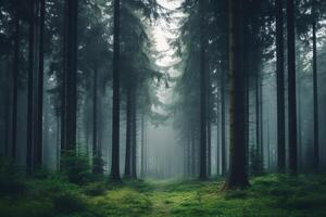 AI generated A calm, misty forest during early morning hours. Generative AI photo