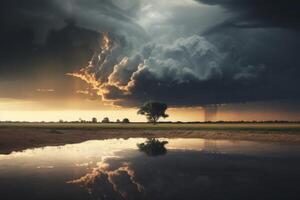 AI generated A dramatic reflection of a thundercloud casting a dark shadow over a field. Generative AI photo