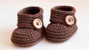 AI generated Crocheted baby booties with cute button accents. Generative AI photo