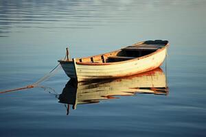 AI generated Reflection of a boat in still lake waters. Generative AI photo