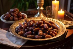 ai generado un plato de fechas y nueces para rotura el rápido en Eid. generativo ai foto