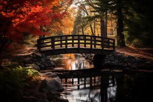 ai generado un rústico ver de un de madera puente abarcando terminado un corriente rodeado por arboles en lleno otoño esplendor, evocando un sentido de nostalgia. generativo ai foto