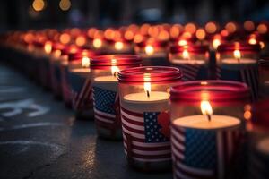 ai generado un fila de velas esclarecedor un monumento mensaje en patriota día. generativo ai foto