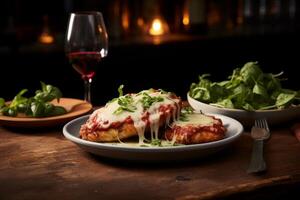 ai generado platos de pollo parmigiana presentado con un vaso de rojo vino. generativo ai foto