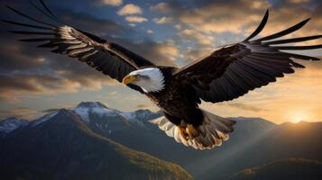 ai generado un calvo águila altísimo mediante el aire con montañas en el antecedentes. generativo ai foto
