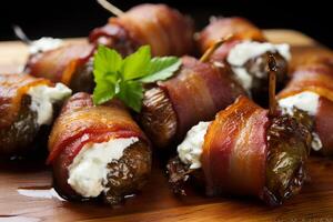AI generated Close up of bacon wrapped dates stuffed with cream cheese. Generative AI photo