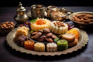 AI generated A plate of traditional sweets and desserts for Eid. Generative AI photo