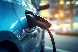 AI generated A close-up of an electric car's charging plug connecting to a vehicle. Generative AI photo
