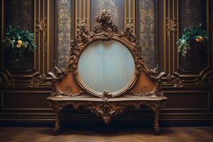 AI generated An ornate antique mirror with an elaborately carved frame. Generative AI photo