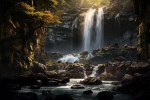 AI generated The play of light on a cascading waterfall. Generative AI photo