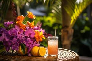 ai generado un tropical jardín oasis con lentes de Ron puñetazo metido en medio de vibrante flores y follaje, un idílico escapar. generativo ai foto