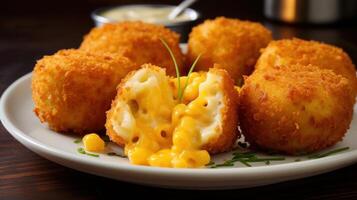 AI generated Delicious and greasy deep fried macaroni and cheese bites with a crispy coating and a cheesy center. Generative AI photo