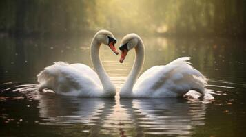 ai generado dos cisnes nadando en un corazón forma en el agua. generativo ai foto