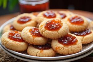 ai generado un plato de mantecoso impresión del pulgar galletas con Fruta conservas. generativo ai foto