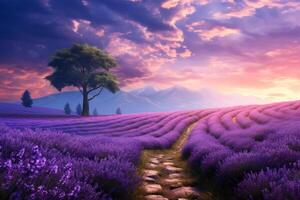 AI generated A tranquil road through a lavender field, exuding a soothing vibe. Generative AI photo